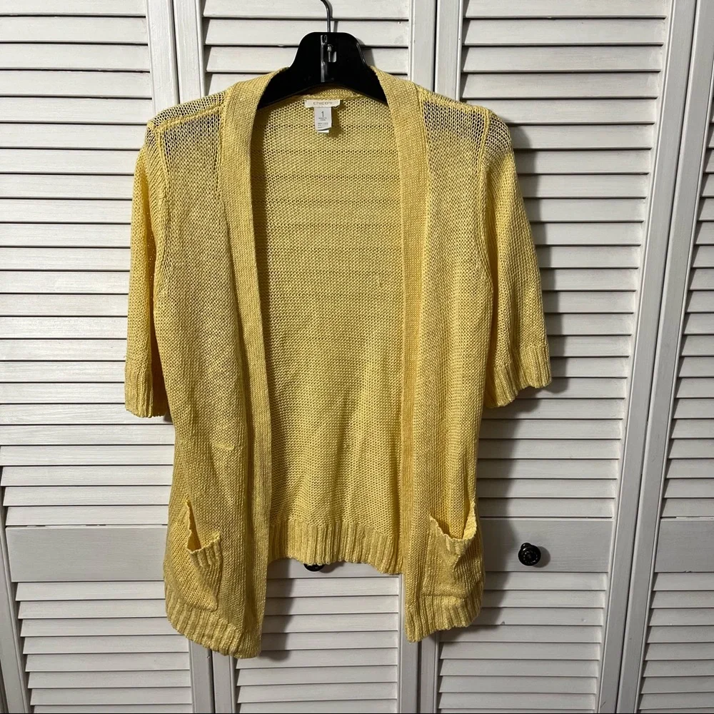 Chico’s Loose Knit Yellow Short Sleeve Cardigan, Size 1 - Picture 4 of 11